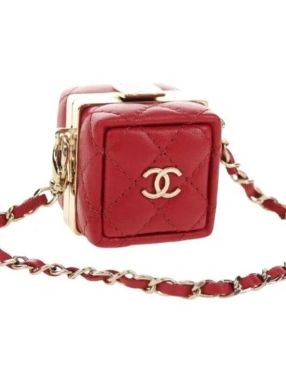 CHANEL Matelasse Bag Charm Lamb Skin Red Gold CC Auth 181875SAM